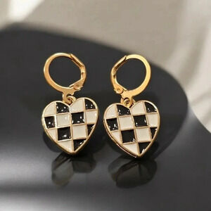 Gold Plated Checkered Acrylic Heart Dangle Clamp Earrings